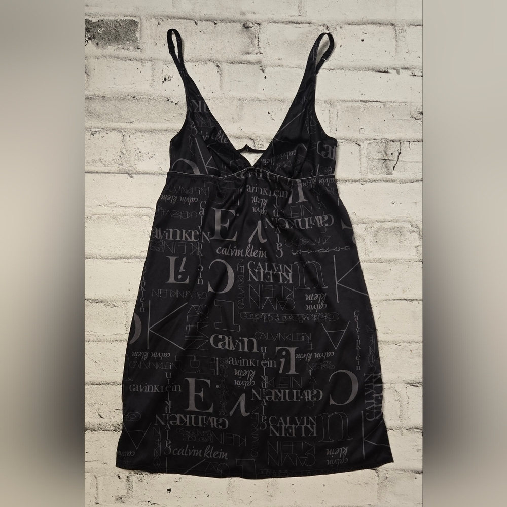 Calvin Klein Logo Satin Slip Dress Black Spaghetti Strap Size Medium